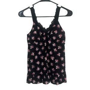 L.e.i. Black Floral Lace Trim Ruffle Hem Camisole Tank Top Small